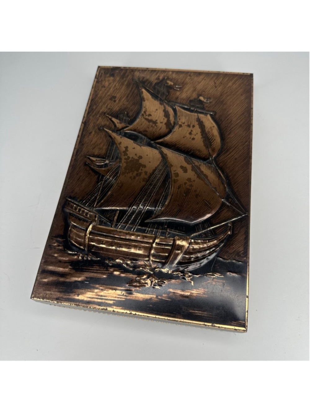 Vintage MCM Mid-Century Embossed Metal Nautical Box Sailing Ship Chest